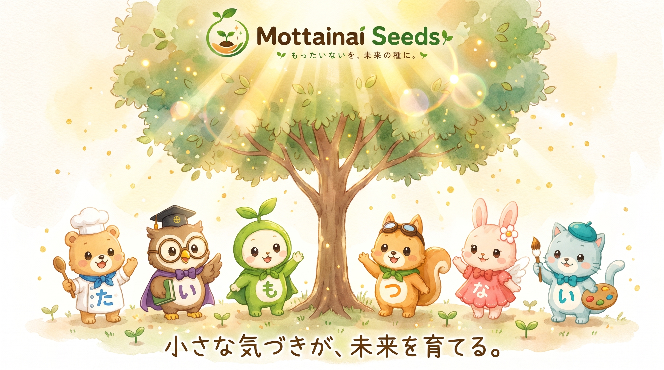 Mottainai Seedsの6人のキャラクターと、未来へ育つ大きな木